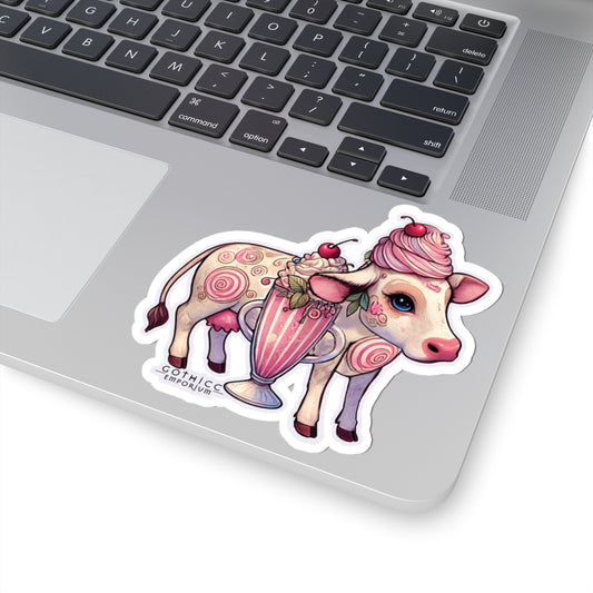 “Milkshake Cow” Kiss-Cut Sticker — dairy-core chaos with spooky-sweet sass 🐄🍓🖤✨