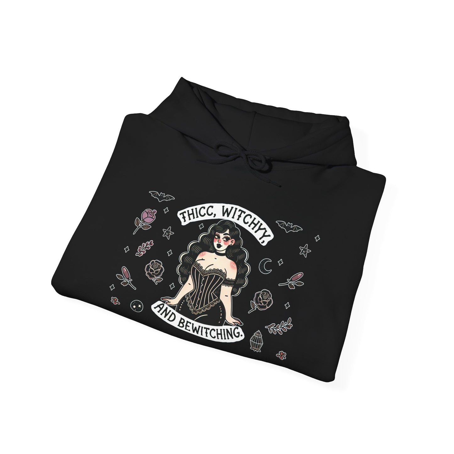 🔮“Thicc Witchyy” Unisex Heavy Blend™ Hooded Sweatshirt — curvy, cursed, and casting chaos 🖤🕯️🌙✨