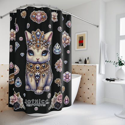 “Jeweled Bunny” Shower Curtain – Black — glam chaos for your dark little lair 🐰💎🖤🚿