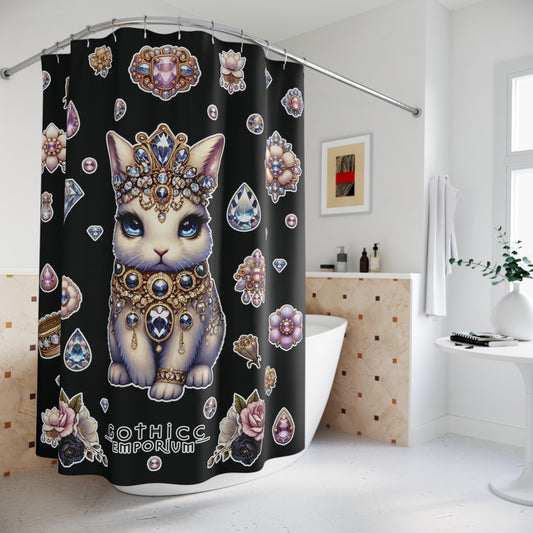 “Jeweled Bunny” Shower Curtain – Black — glam chaos for your dark little lair 🐰💎🖤🚿