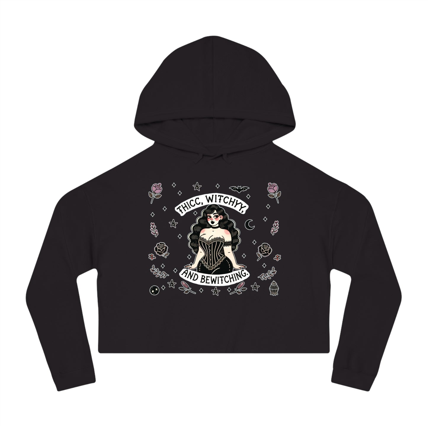 🌙 “Thicc Witchyy” Cropped Hooded Sweatshirt — cropped, curvy, and conjuring chaos 🖤🕯️✨
