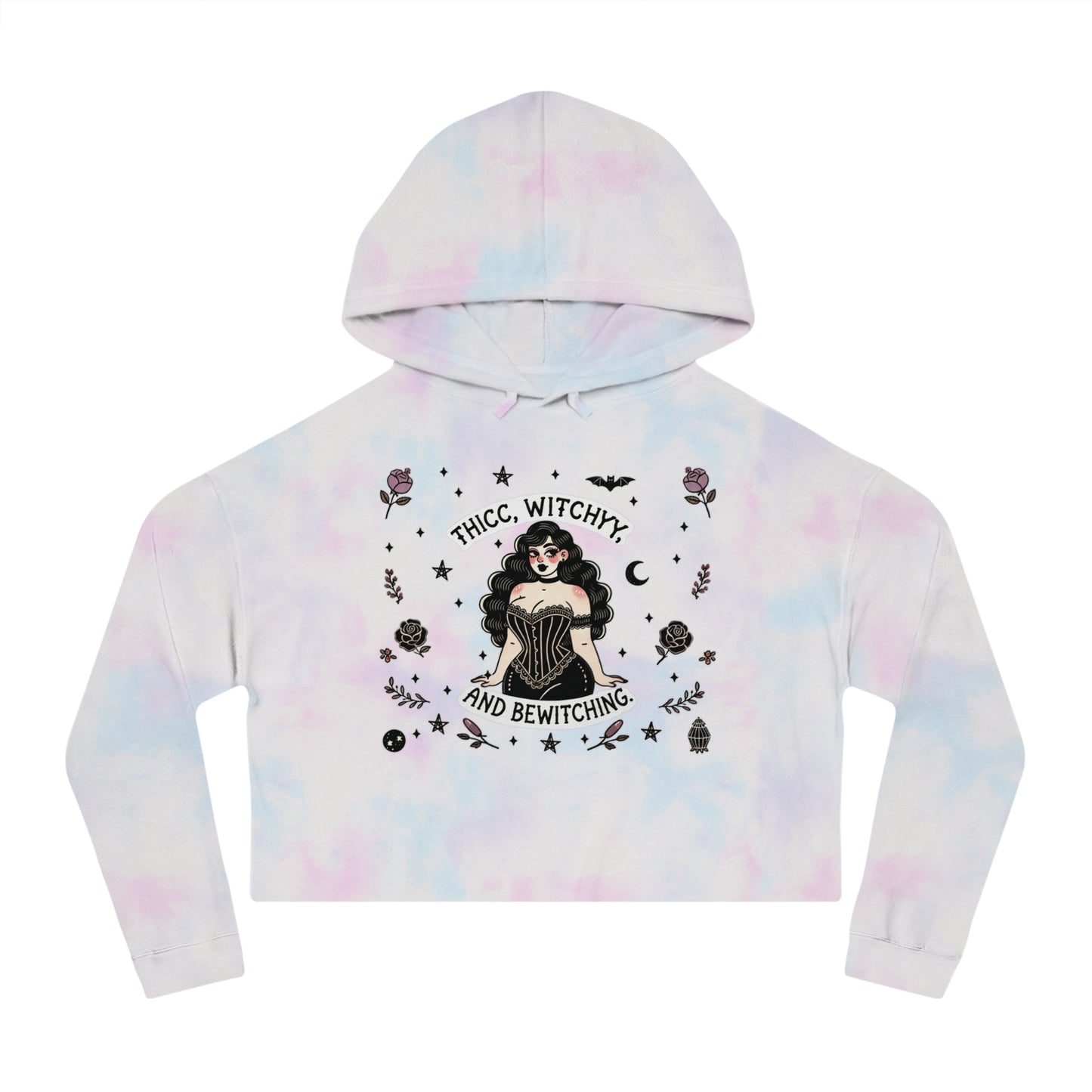 🌙 “Thicc Witchyy” Cropped Hooded Sweatshirt — cropped, curvy, and conjuring chaos 🖤🕯️✨