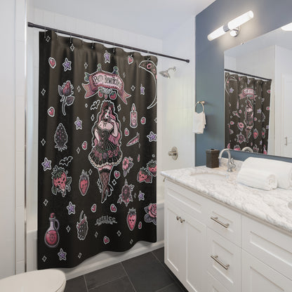 “Berry Bewitched” Shower Curtain – Black — sweet spells & cursed cravings 🍓🔮🖤🚿